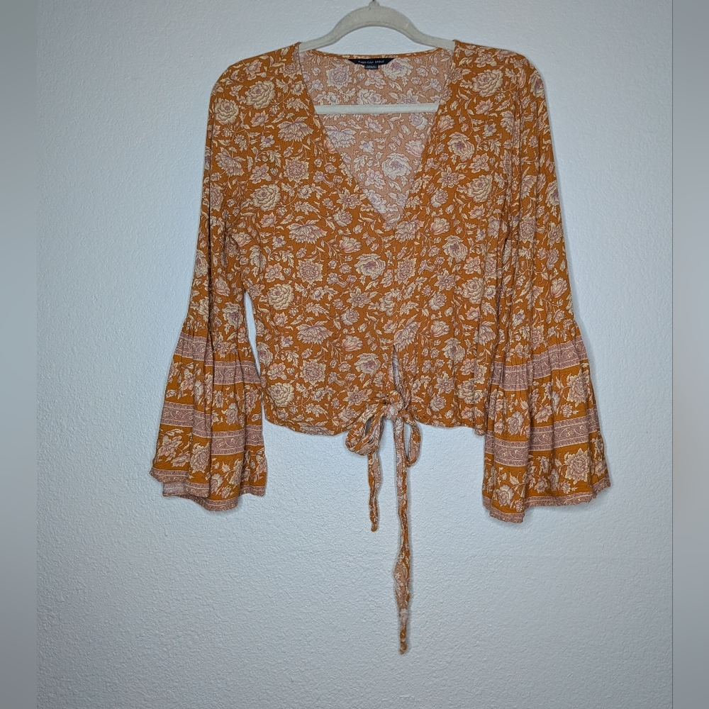 American Eagle Outfitters Womens Orange Floral Tie Front Boho Flare Blouse M